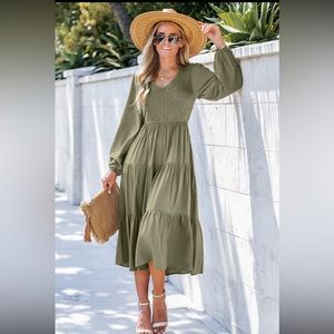 Olive green V-neck smocked maxi dress